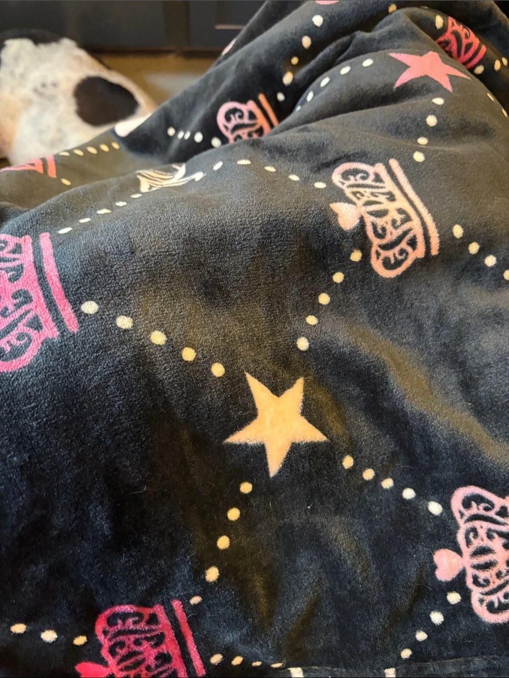 Juicy Couture Black Plush Throw with Pink Crowns and White Stars